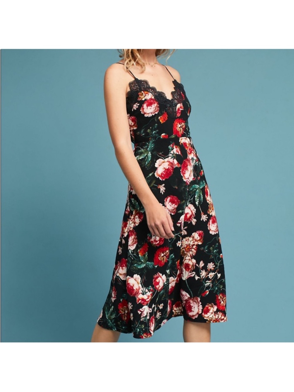 Anthropologie Foxiedox Floral Lace Trim Slip Dress Black Red Size M